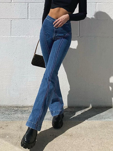 Airchics longue jeans flare évasé avec poches mi taille femme simple